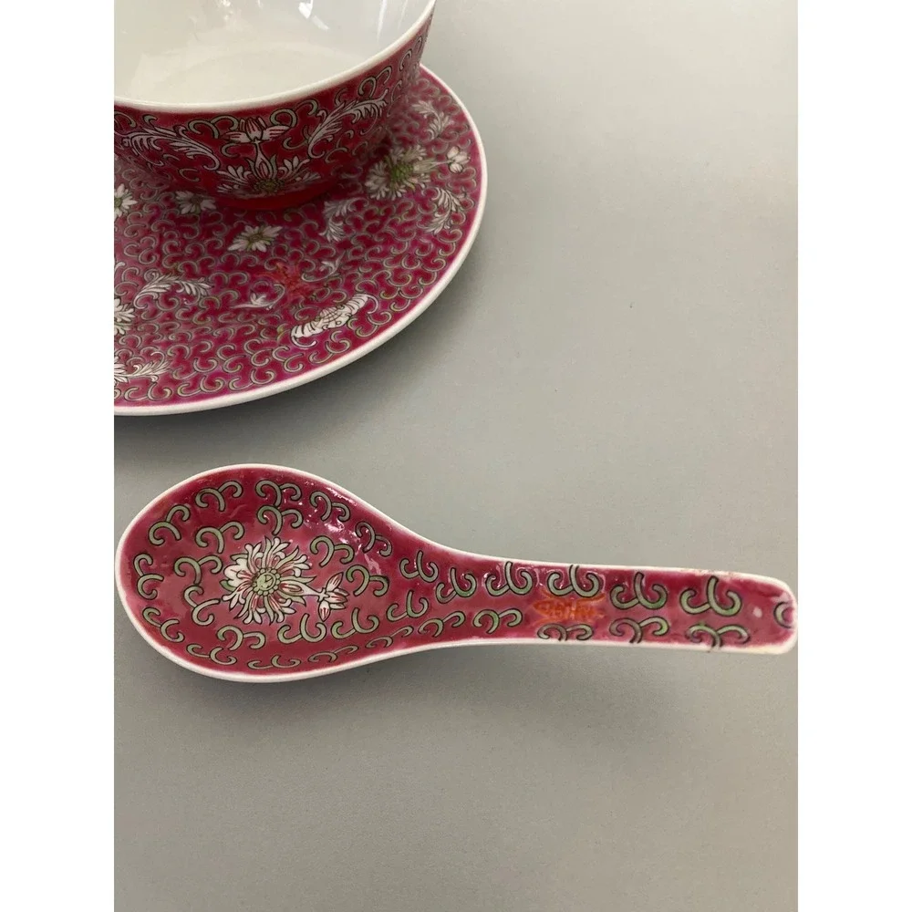 VTG Chinese Jingdezhen Mun Shou Famille Longevity Rice Bowl‎ spoon saucer pink